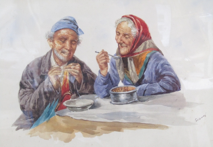 GIANNI (XIX): A pair of gilt framed watercolours, monks and peasants eating. Signed "Gianni". - Image 2 of 6