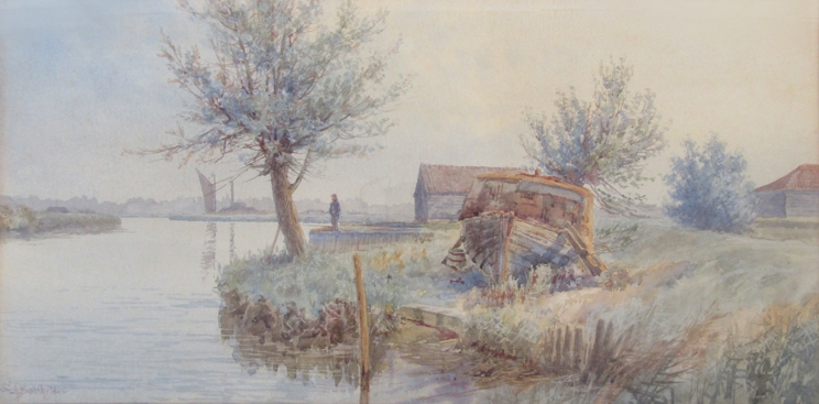 STEPHEN J. BATCHELDER (1849-1932): A framed and glazed watercolour, Burgh St Peter near Lowestoft. - Image 2 of 3