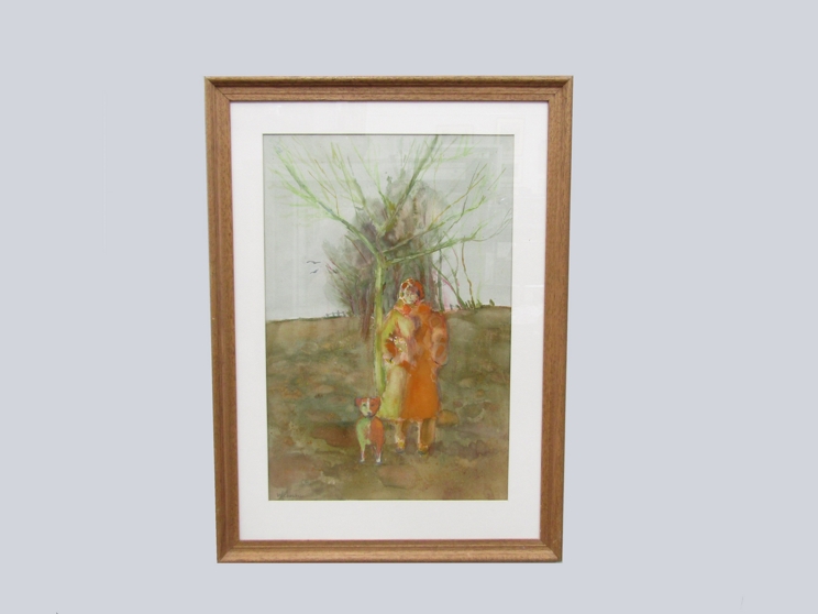 HANS SCHWARTZ (1922-2003) A framed and glazed watercolour - 'Woman and a dog' Signed bottom left.