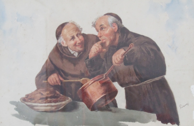 GIANNI (XIX): A pair of gilt framed watercolours, monks and peasants eating. Signed "Gianni". - Image 5 of 6