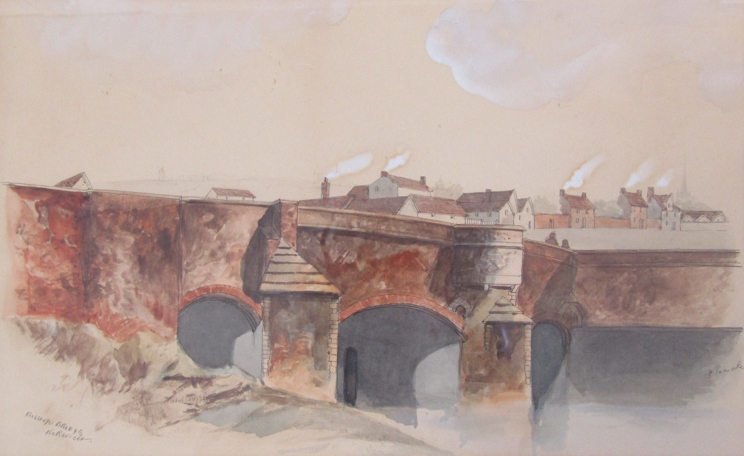 EDWARD POCOCKE (1843-1901): A framed and glazed watercolour "Bishop's Bridge, Norwich". - Image 2 of 3