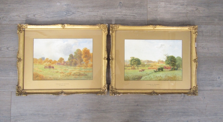 THOMAS PYNE (1843-1935): A pair of ornate gilt framed and glazed watercolours "A Farm at Dedham"