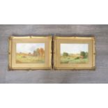 THOMAS PYNE (1843-1935): A pair of ornate gilt framed and glazed watercolours "A Farm at Dedham"