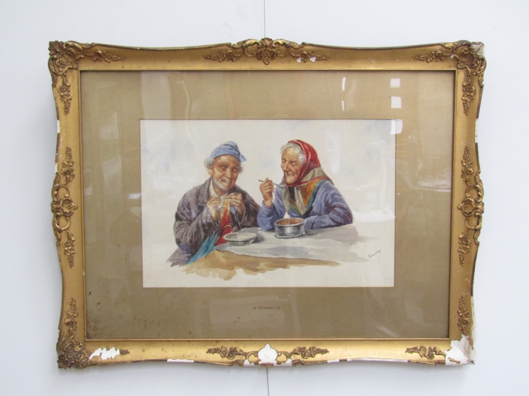 GIANNI (XIX): A pair of gilt framed watercolours, monks and peasants eating. Signed "Gianni".