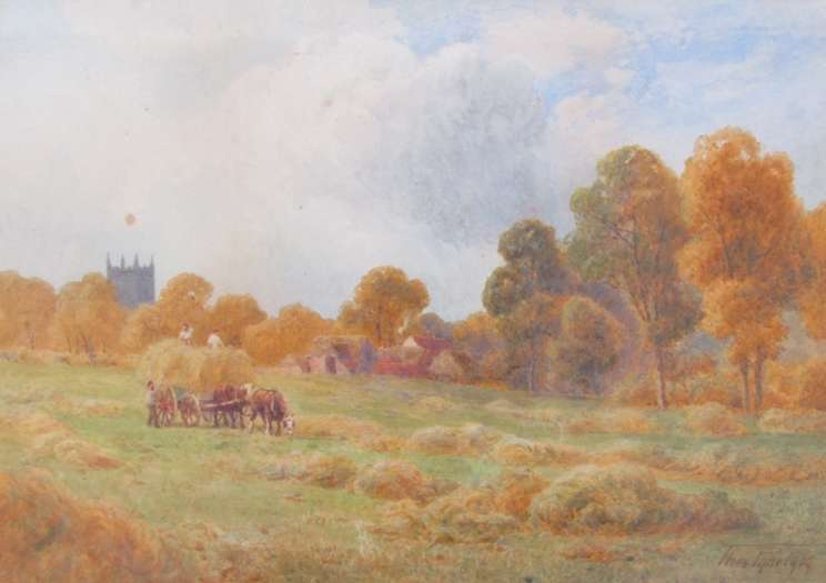THOMAS PYNE (1843-1935): A pair of ornate gilt framed and glazed watercolours "A Farm at Dedham" - Image 3 of 5