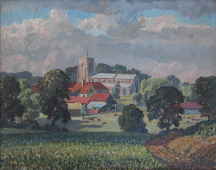 CAVENDISH MORTON (1911-2015) (ARR) : A framed oil on canvas of Wingfield Church, Suffolk. - Image 2 of 5