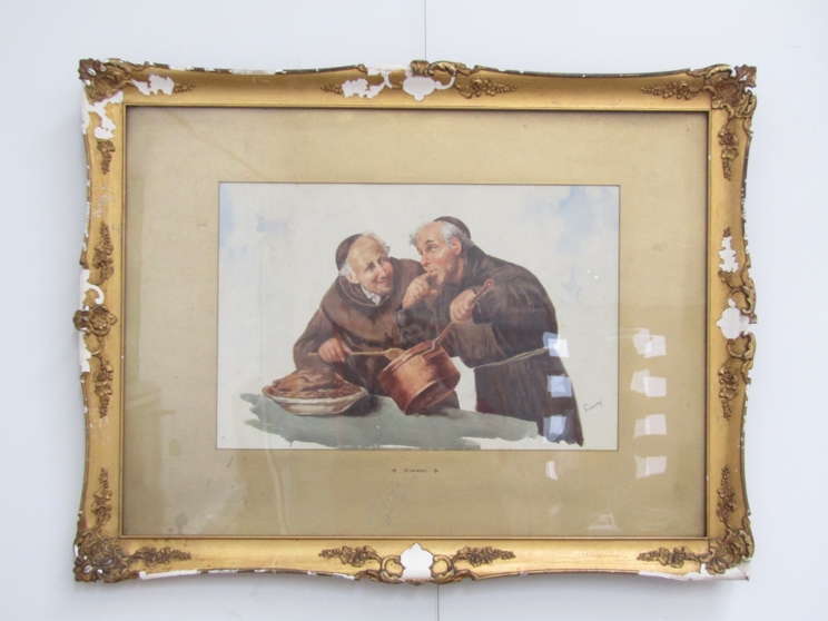 GIANNI (XIX): A pair of gilt framed watercolours, monks and peasants eating. Signed "Gianni". - Image 4 of 6