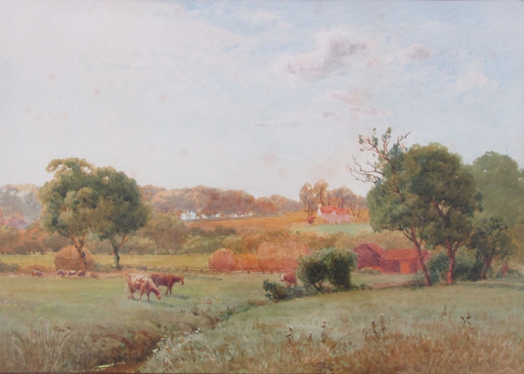 THOMAS PYNE (1843-1935): A pair of ornate gilt framed and glazed watercolours "A Farm at Dedham" - Image 2 of 5