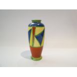 A Clarice Cliff Bizarre hand-painted miniature vase, muted tones, Harlequin geometric pattern,