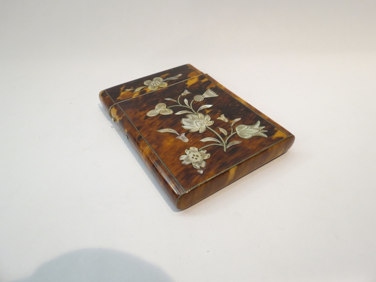 A tortoiseshell card case with mother-of-pearl inlay, foliate and thistle design, 10. - Image 2 of 2