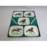 Set of five enamel commemorative horse racing dishes for SYMBOLI RUDOLK winner of the Japanese