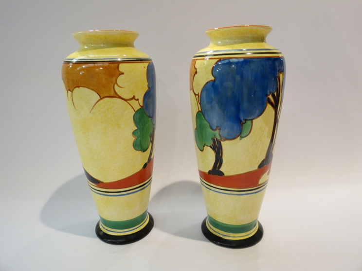 A pair of Clarice Cliff Bizarre Cafe-au-Lait Autumn vases, each of slender baluster form, - Image 2 of 4