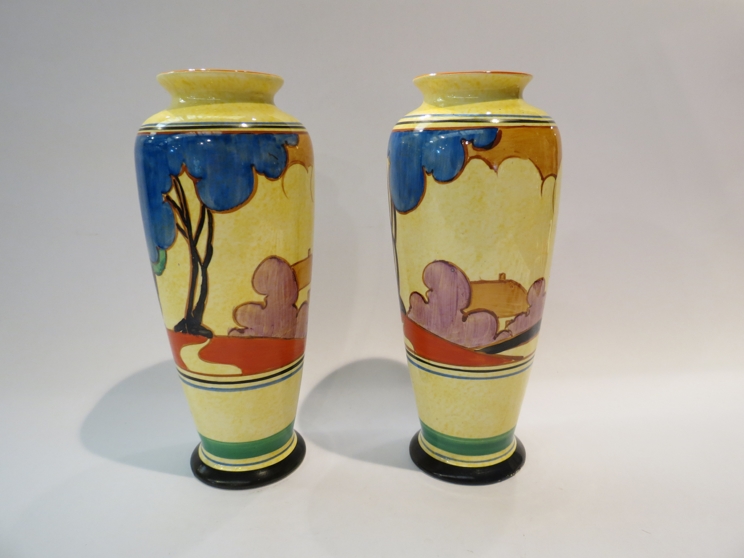 A pair of Clarice Cliff Bizarre Cafe-au-Lait Autumn vases, each of slender baluster form, - Image 3 of 4