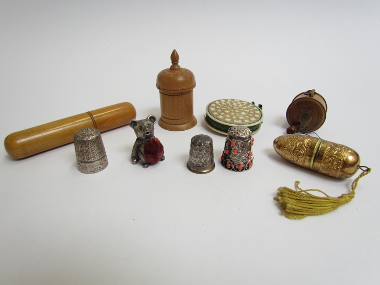 Sewing accessories including Edwardian and later, thimble, tape measure,
