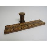 A Victorian Tunbridge cribbage board together with a toothpick holder