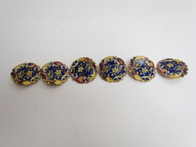 A set of six enamel floral buttons, 3.