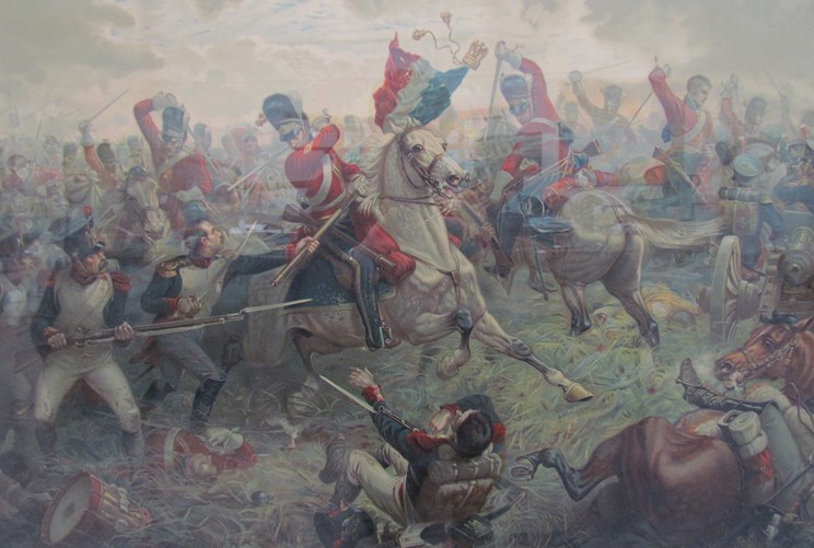 A print depicting Battle of Waterloo cavalry charge,