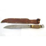 A 1940's German hunting knife with antler handle and leather sheath