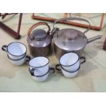 Two campaign style metal kettles including Drew & Sons together with six French enamel tea cups (8)