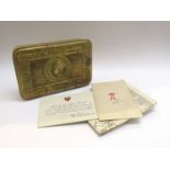 A WWI Christmas 1914 Princess Mary gift tin with contents including Vickers card
