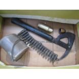 A box of miscellaneous militaria including WWII fire warden's axe and a truncheon