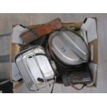 A box of miscellaneous military items including knives and forks, mess tins,