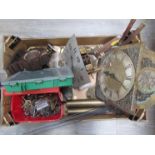 A box of clock spares including keys, pendulums, hands,