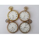 Four Waltham gold plated keyless wind open faced pocket watches