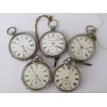 Five 19th Century silver open faced pocket watches including fusee driven,