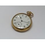 An 18ct gold open faced keyless wind pocket watch, Roman enamelled dial with subsidiary seconds,