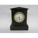 A Victorian slate timepiece with drum platform escapement movement, 23.
