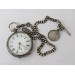 A late 19th Century silver fob watch with silver chain,