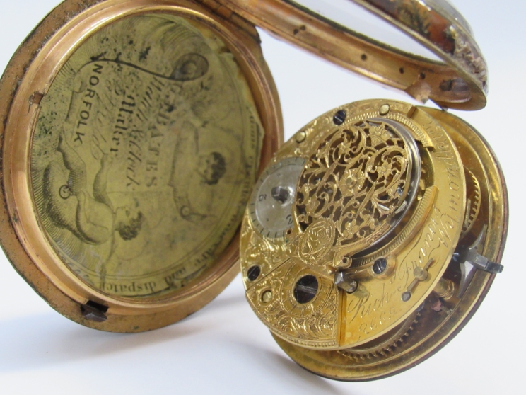 A late 18th/early 19th Century gilt metal and tortoiseshell (a/f) cased pocket watch, - Image 3 of 5
