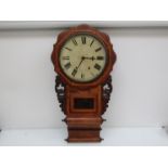 A late 19th Century American walnut and inlaid drop dial wall clock with 8-day spring driven
