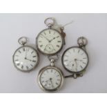 Four 19th Century silver open faced pocket watches including fusee,