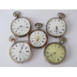 Five early 20th Century keyless wind open faced pocket watches,