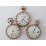 Three 9ct gold open faced keyless wind pocket watches: JW Benson,