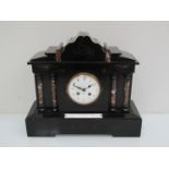 A Victorian slate mantel clock of architectural form, striking French drum movement, 34.