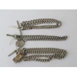 Three silver watch chains with T-bar,