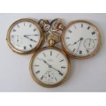 Three gold plated keyless wind open faced pocket watches