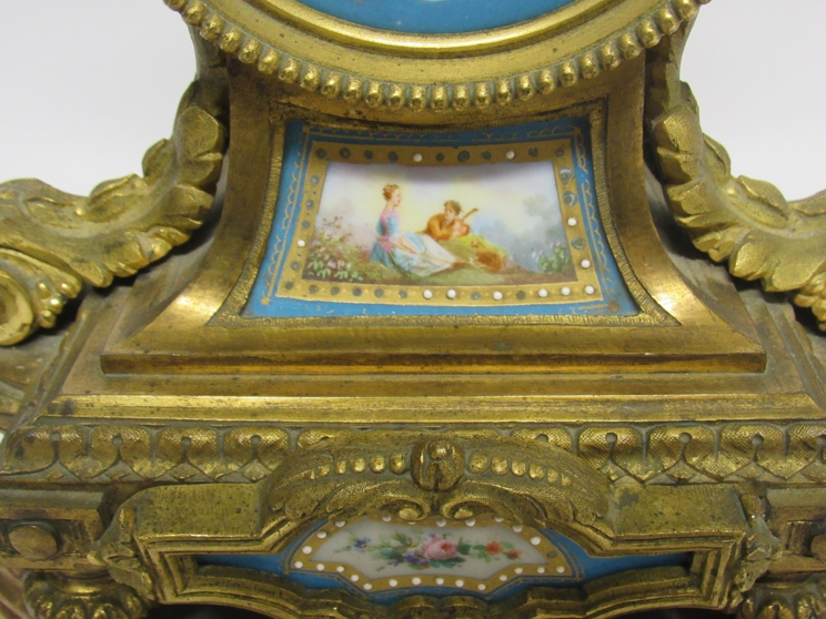 A 19th Century French Ormolu mantle clock with raised urn finial over Roman hand-painted dial, - Image 3 of 5