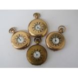Four gold plated keyless wind half hunter pocket watches including Waltham