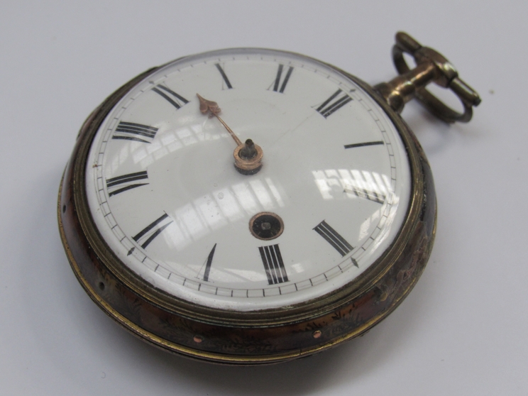 A late 18th/early 19th Century gilt metal and tortoiseshell (a/f) cased pocket watch,