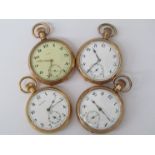 Four gold plated keyless wind open faced pocket watches