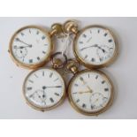 Four gold plated keyless wind open faced pocket watches including Vertex