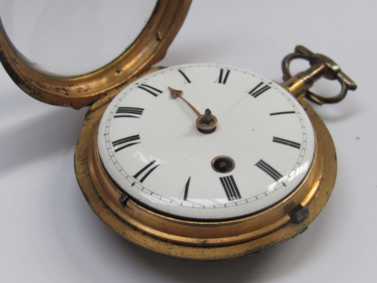 A late 18th/early 19th Century gilt metal and tortoiseshell (a/f) cased pocket watch, - Image 2 of 5