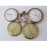 Four gold plated keyless wind open faced pocket watches including Zenith