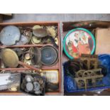 Four boxes containing longcase and wall clock bezels, dials, glasses, movements, hands,