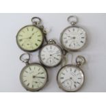 Five 19th Century silver open faced pocket watches including fusee driven,