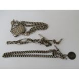 Three silver watch chains with T-bars,